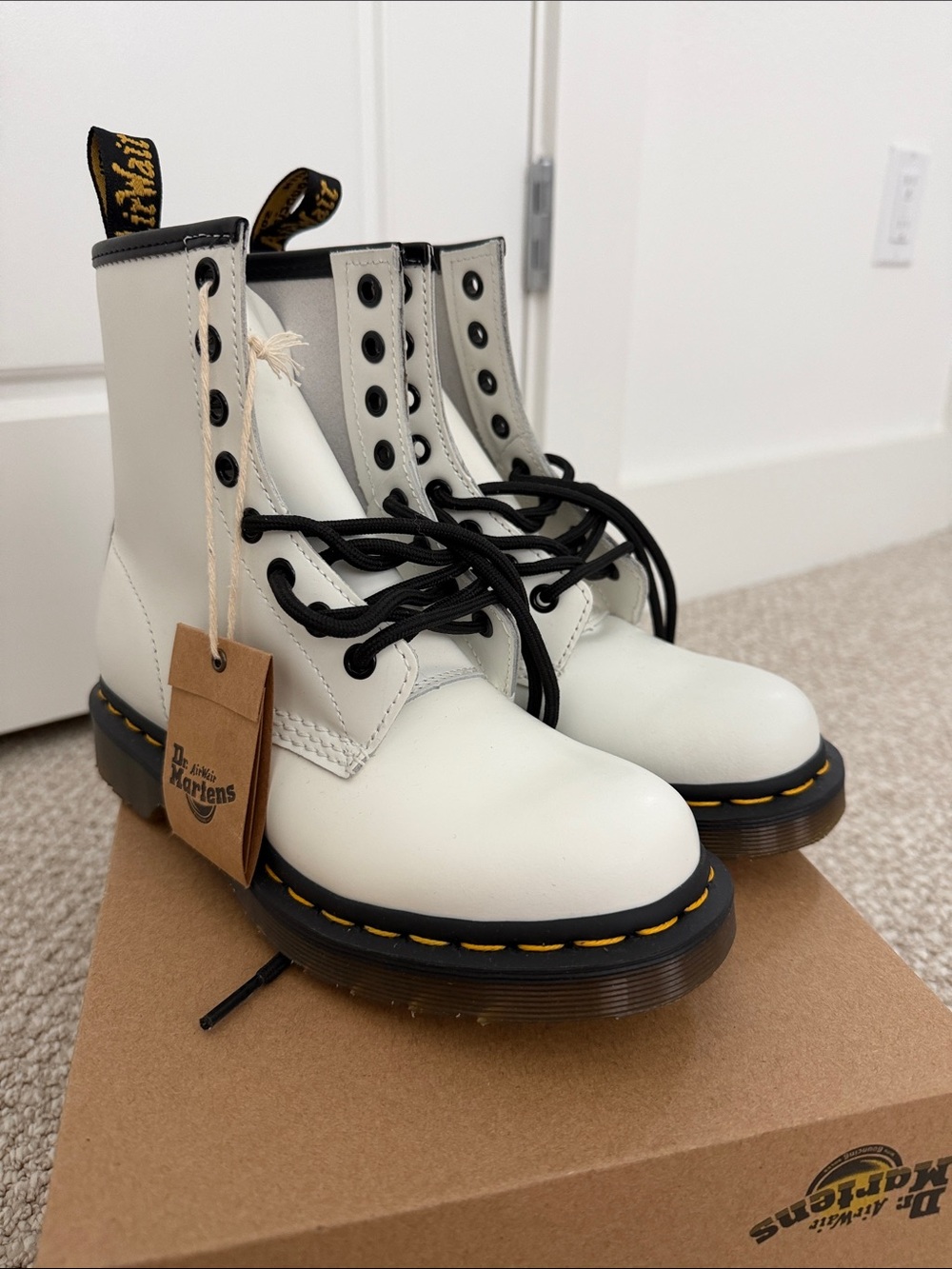 Dr. Martens Women’s Size 5 White 1460 Leather Lace-Up Boots w/ Yellow Stitching
